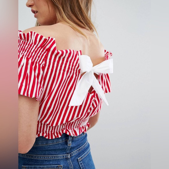 Pull&Bear Tops - PULL&BEAR Women’s Off Shoulder Red White Stripe Bow Back Detail Crop Top…